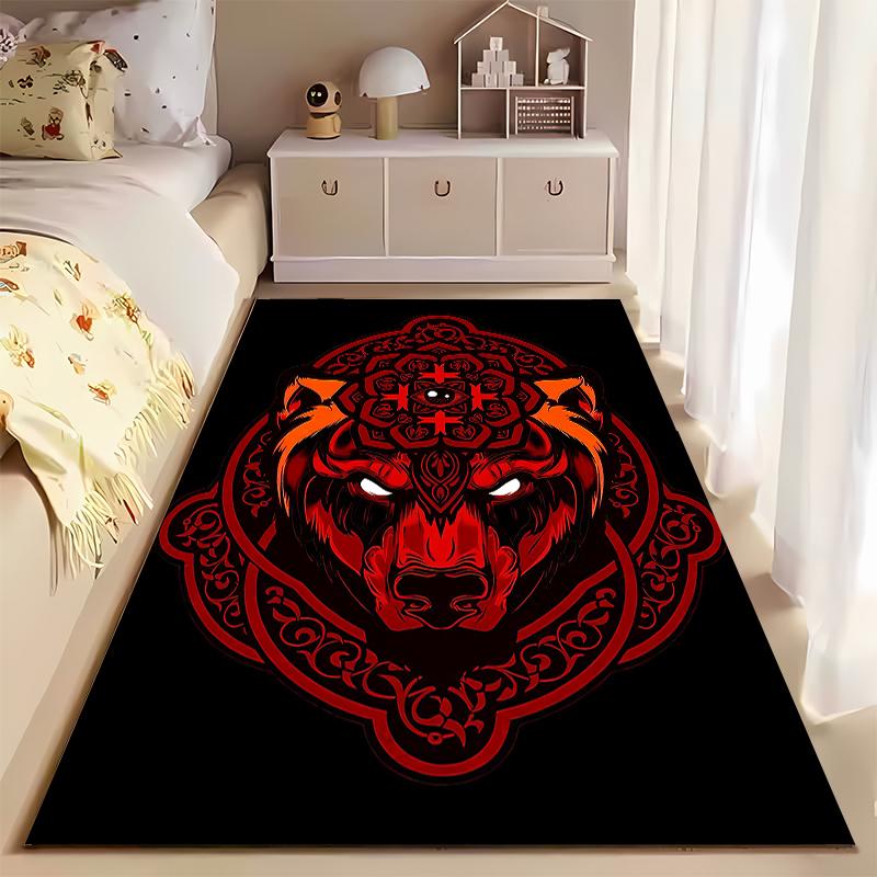 "Red Wolf Head Pattern Carpet with Mandala Design on Black Background" Suitable for use as an anti-slip for living room bedroom sofas