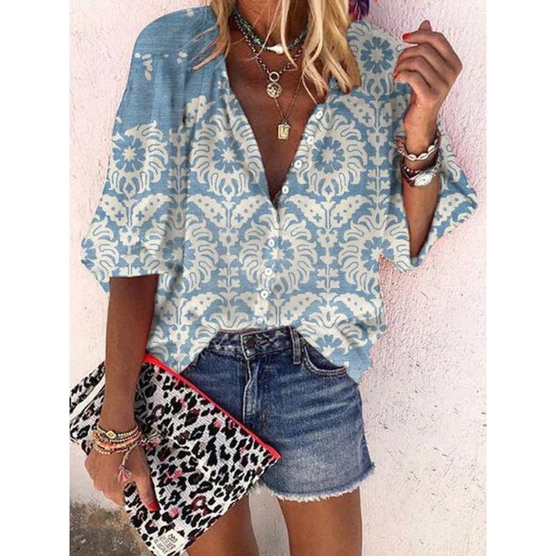 Летняя мода Стойка воротник Свободный крой На пуговицах Ретро принт Повседневные Рукава семь восьмых Женские блузки и рубашки