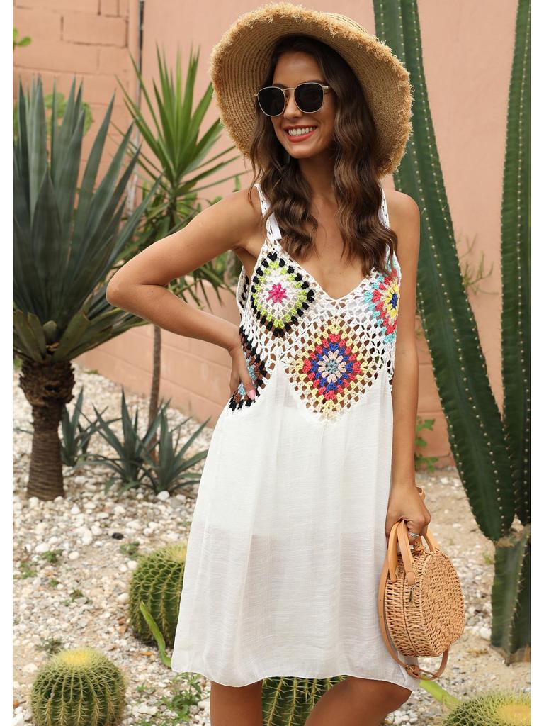 Женское вязаное крючком платье-накидка для пляжа без рукавов в стиле пэчворк с цветами