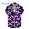 Мужская темно-синяя рубашка с розовыми фламинго, мужская рубашка с коротким рукавом, мужская рубашка лето 2025 новинка