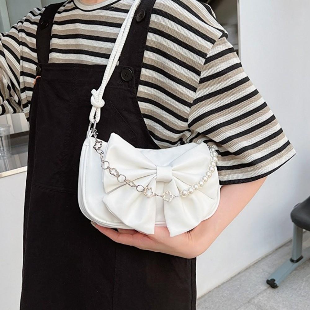 Solid Color Women Underarm Bag PU Leather Bow Handbag Simple Bowknot Shoulder Bag  Office Worker