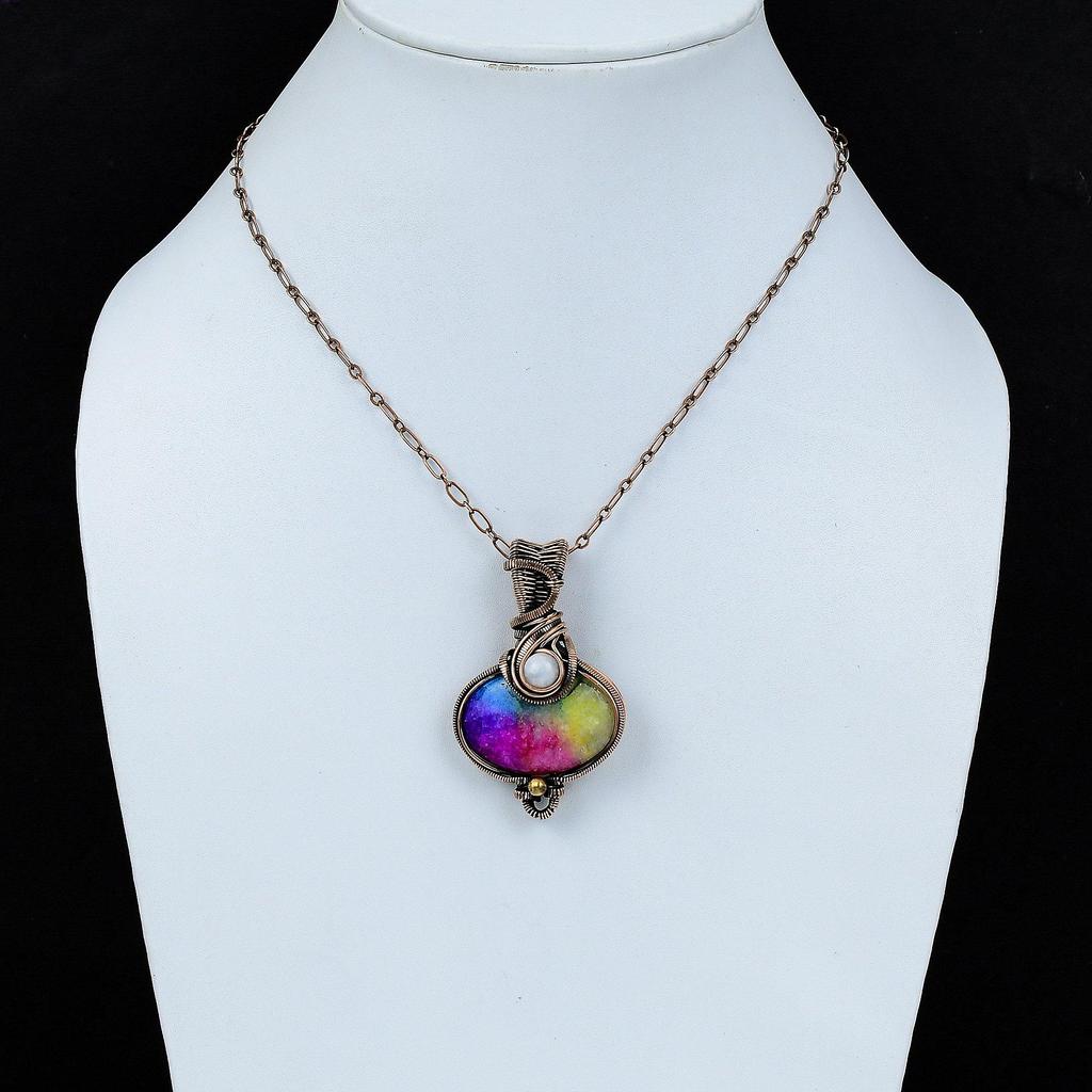 Подвеска Rainbow Solar Quartz Druzy, подвеска Rainbow Moonstone, подвеска из медной проволоки, обернутая драгоценным камнем, медные украшения для подарка, ювелирные изделия ручной работы