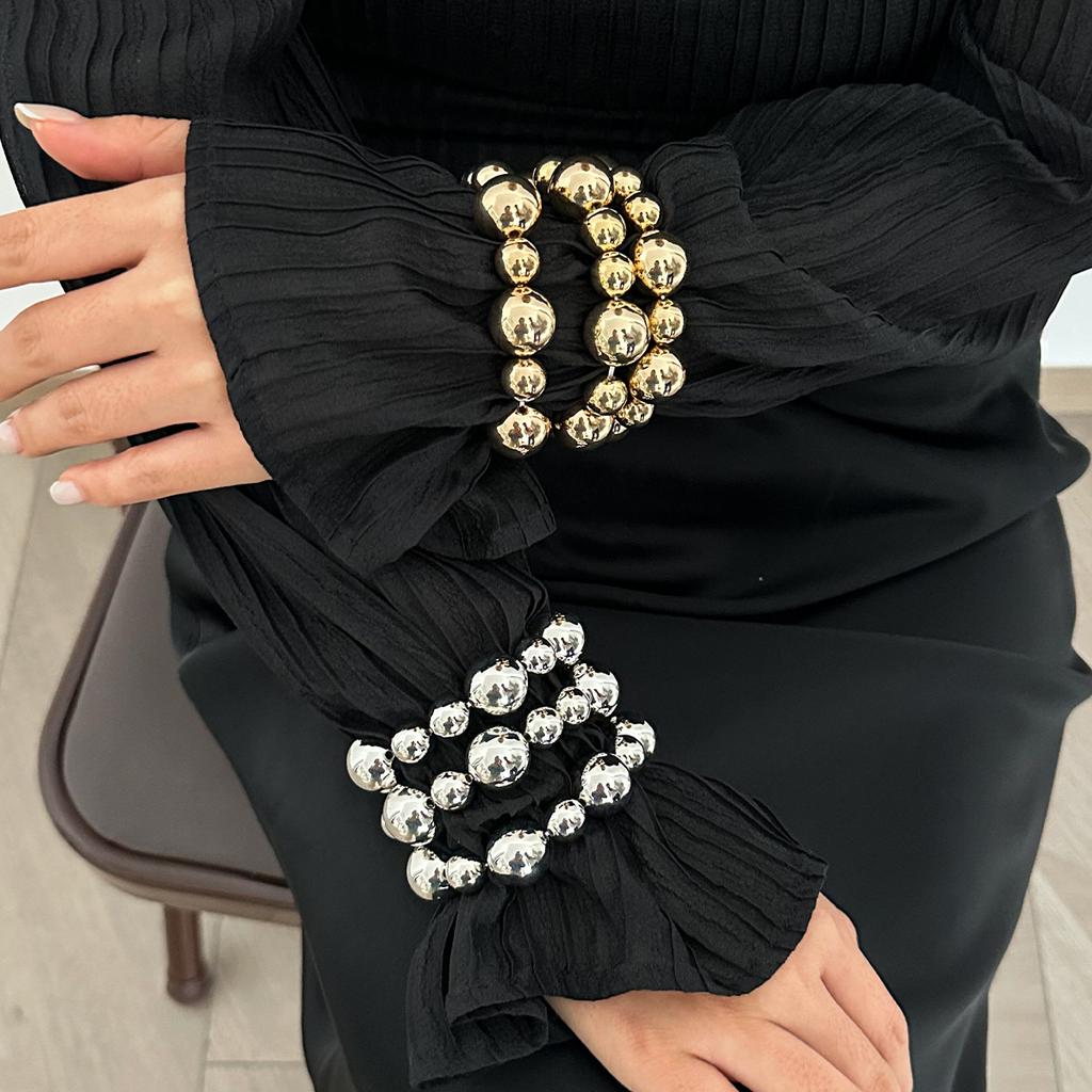 3PCS Punk Stretch Beads Bracelets Gold Sliver Color Stacked Ball Beaded Bracelet For Women Men Imitation Pearl Jewelry