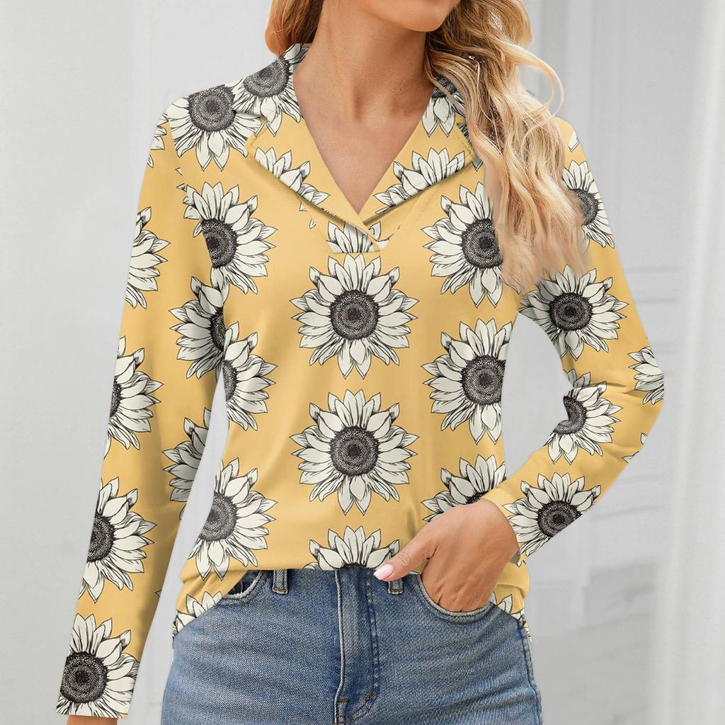 Women's Fashion Leisure Long Sleeve V Neck Flower Printing Top