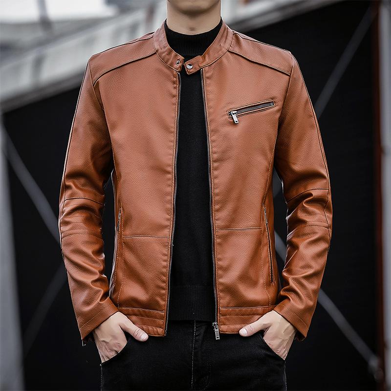 Осенне-зимняя мужская повседневная кожаная куртка, мужская куртка-локомотив, корейская версия, облегающая куртка из искусственной кожи для молодежи, тонкий бархат