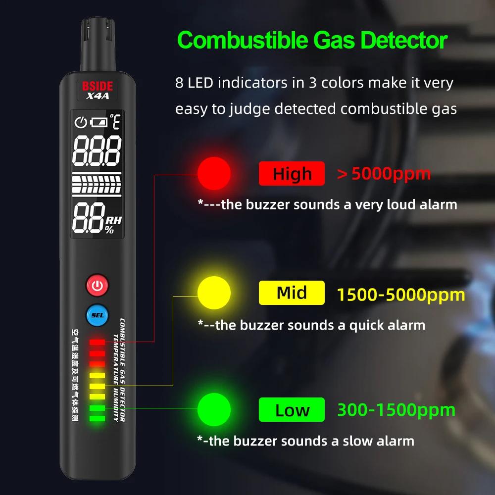 X4A Детектор горючих газов 300~10000ppm Звуковая и визуальная сигнализация Портативный детектор утечки газа с проверкой температуры и влажности