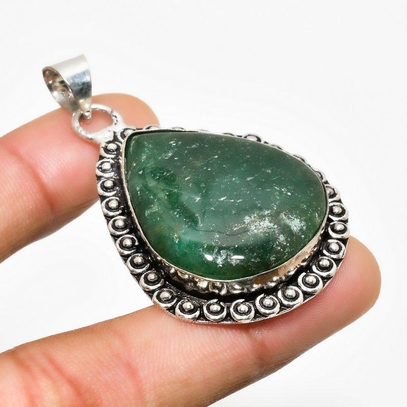 Green Apatite Gemstone Handmade 925 Silver Plated Jewelry Pendant 2.08"