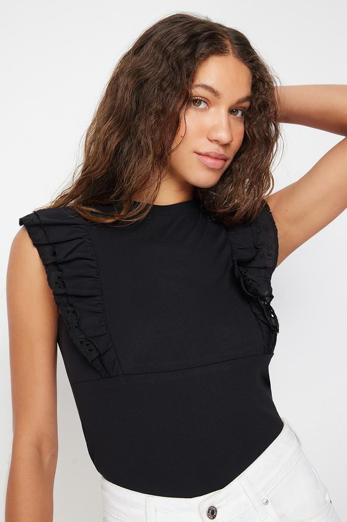 Women's Fashion New Blouse Black Embroidery Detailed Knitted Blouse