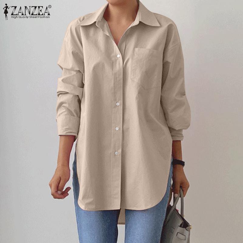ZANZEA Женская элегантная однотонная свободная блузка на пуговицах с отложным воротником и длинными рукавами