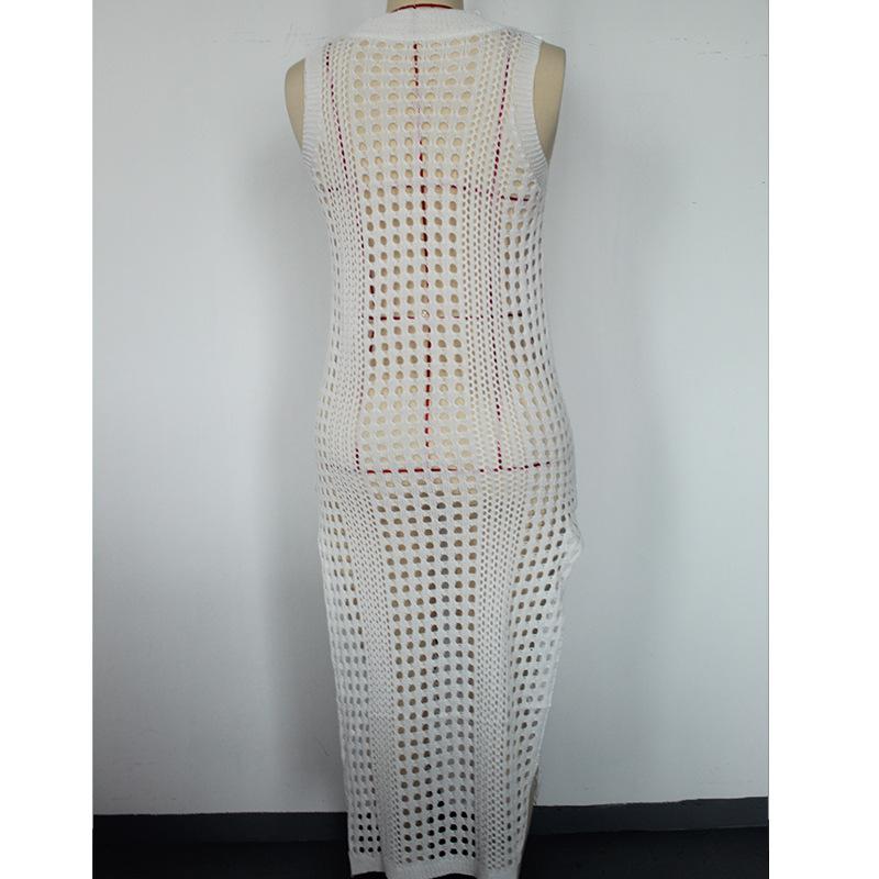 Женское праздничное сексуальное однотонное платье с круглым вырезом без рукавов, дышащее вязаное длинное платье с высоким разрезом, пляжные солнцезащитные накидки