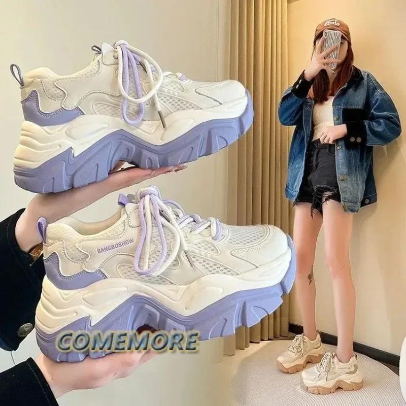 Mesh Breathable Female 2025 New Wedge Thick Sole Lace Up Comfortable Sport Running Shoes Spring Autumn Footwear Round Head Khaki