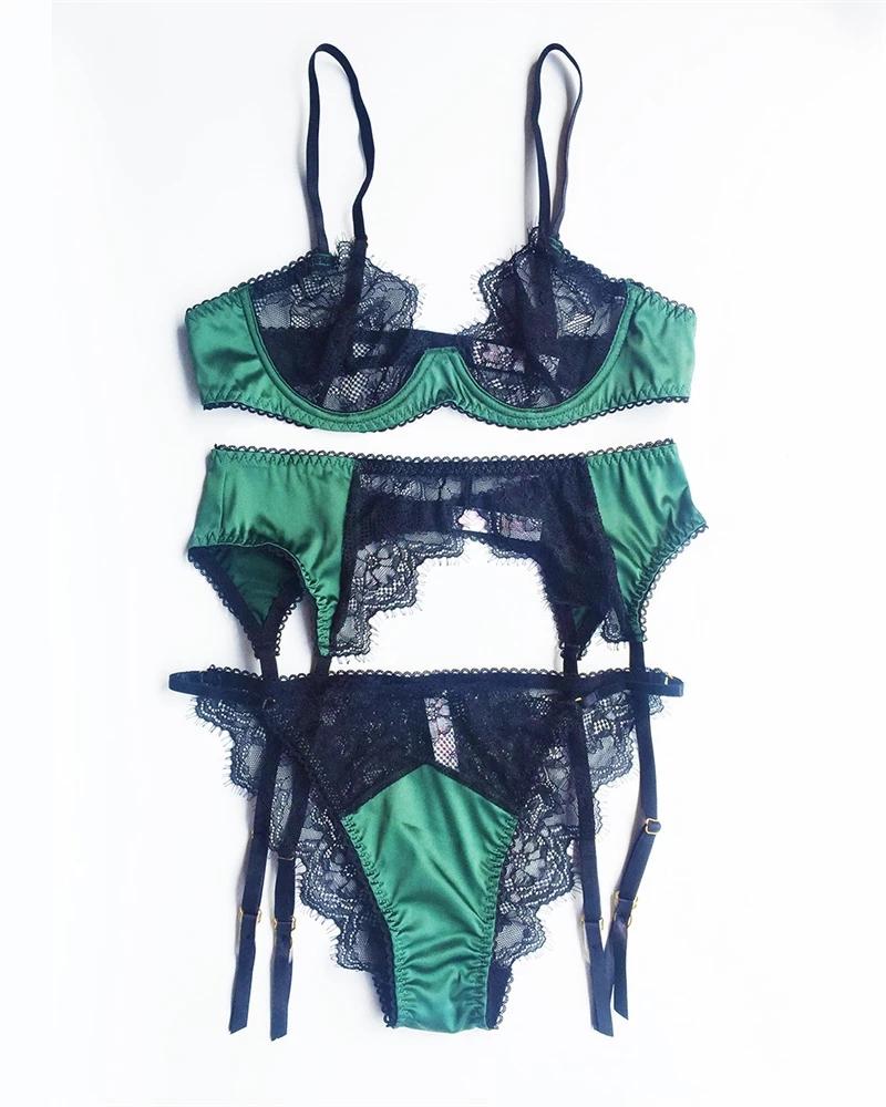 Сексуальный комплект нижнего белья, французское кружево, ультратонкий бюстгальтер пуш-ап 1/2 с подвязками и Т-образной спинкой, комплект из 3 предметов, женское прозрачное атласное нижнее белье