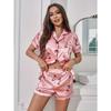 Пижамный комплект из сатина с цветочным и буквенным принтом, повседневный топ с коротким рукавом, пуговицами, лацканами и эластичными шортами, женская одежда для сна