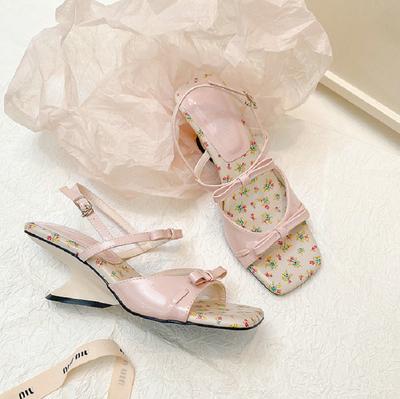 Наклонный каблук, Нишевый дизайн, Босоножки с открытым носком, Туфли феи, Новый стиль 2025, Квадратный носок, Тонкий ремешок, Римские туфли с бантом