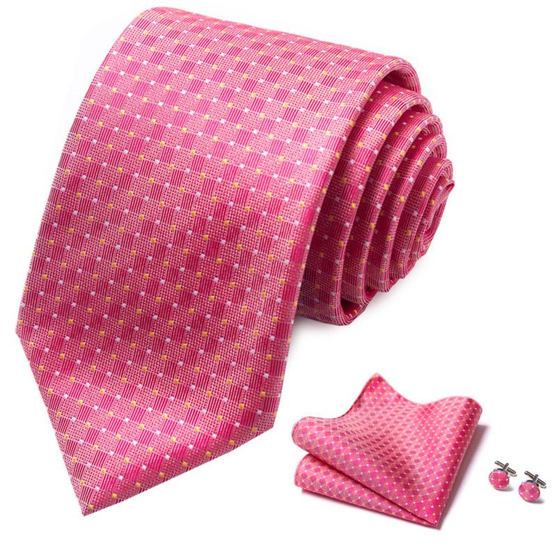 Men's 8cm Solid & Polka Dot Plaid Tie Set with Cufflinks & Pocket Square