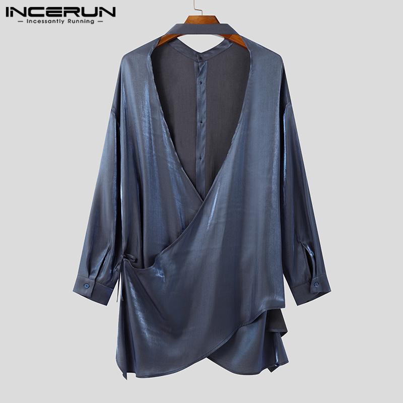 INCERUN Мужские рубашки с блестками, с длинным рукавом, на пуговицах, однотонные, с открытой спиной, бандажные топы