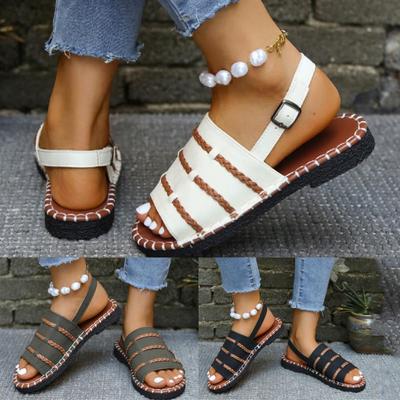 Летние женские модные плетеные сандалии большого размера с плоским носком и открытой пяткой, с регулируемыми ремешками с пряжками, удобные и повседневные