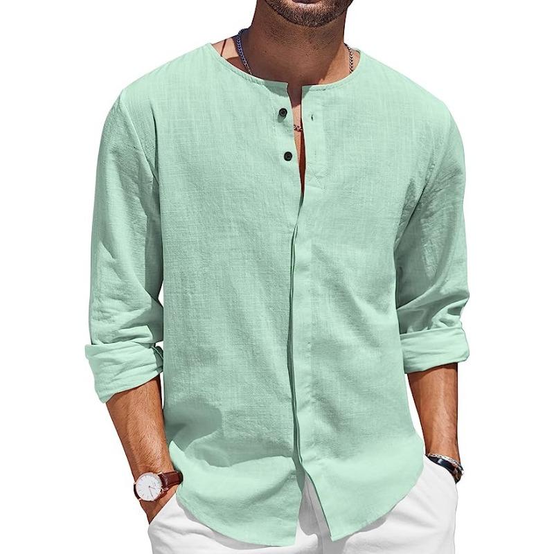 Foreign Trade Men's Cotton and Linen Shirt Long-sleeved T-shirt Button-neck Casual Beach Shirt