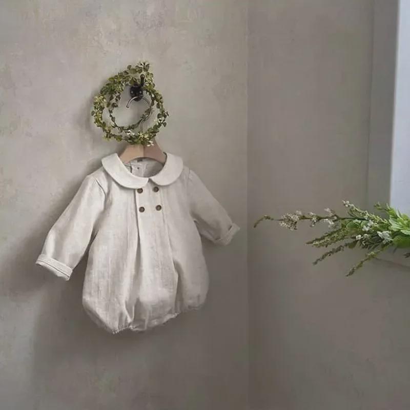 Autumn Linen Double-Breasted College Style Long-Sleeve Bodysuit for Babies