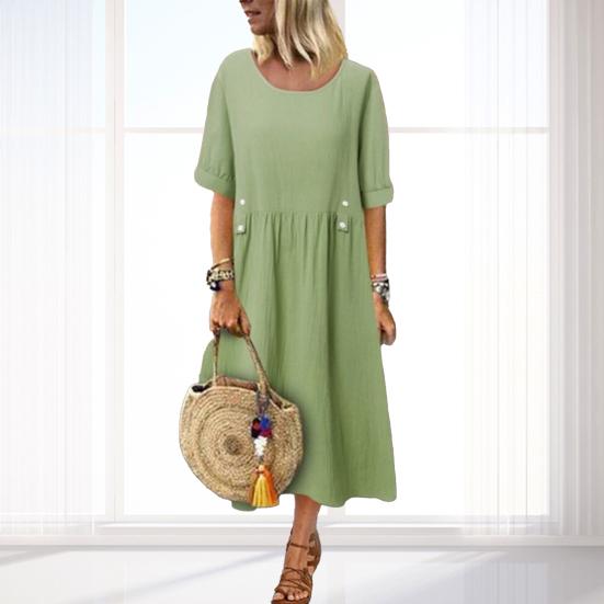 Женское платье свободного покроя средней длины с двойными карманами, украшение на пуговицах, круглый вырез, короткий рукав, летнее платье в стиле бохо, рабочая одежда
