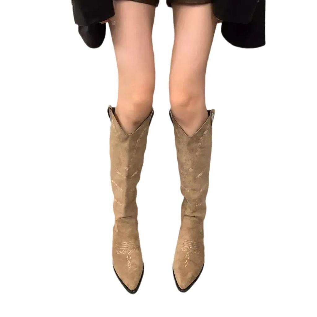 Fashion Woman Cowgirl Boots Fashion Slip On Ladies Elegant Square Low Heel Knee High Boots Shoes Women's Winter Footwear