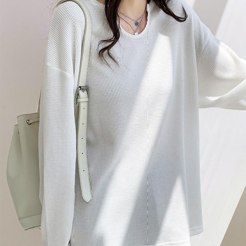 Повседневные свободные женские футболки в вафельную клетку, весна-лето, хлопковые женские футболки с длинными рукавами и v-образным вырезом, топы