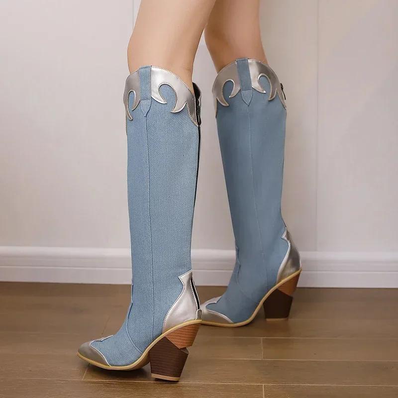 Зимние западные ботфорты до колена женские клиновидные каблуки коричневые фиолетовые черные пэчворк ретро платье острый носок молния ковбойские длинные сапоги