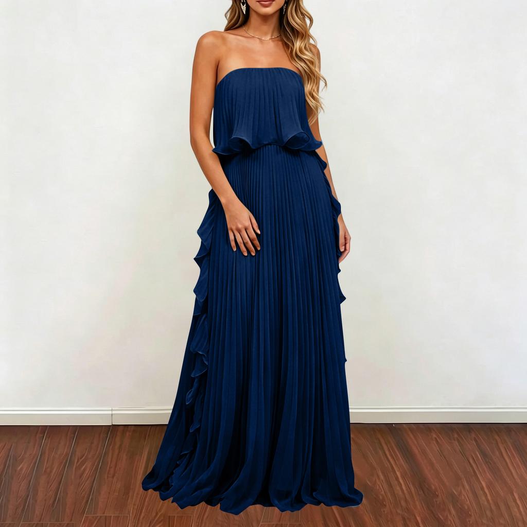 Женское strapless плиссированное макси вечернее платье без рукавов с оборками по подолу из шифона, официальное платье для летней вечеринки, свадьбы