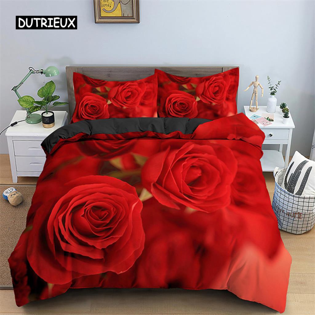 Комплект постельного белья Rose Duvet Set из микрофибры Pink Heart Rose Romantic Flower Tema Комплект постельного белья для влюбленных Double Queen King Size Покрывало для пододеяльника