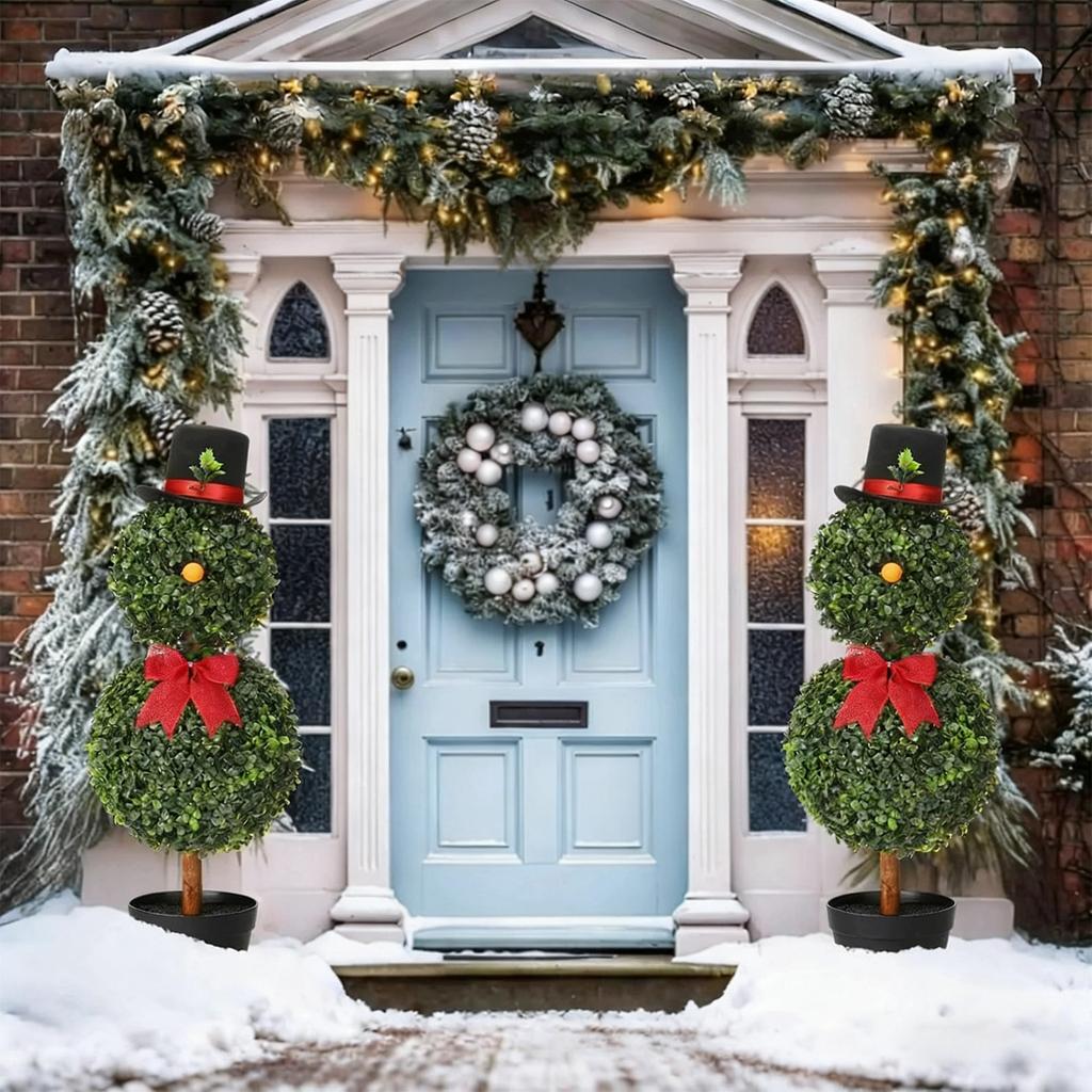 Рождественский искусственный топиар в форме снеговика в горшке с красным бантом, искусственное растение для дома, крыльца, двора, праздничного декора