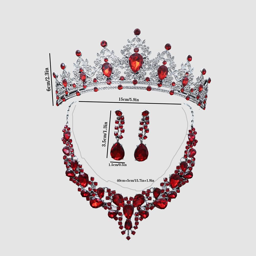 Red Bridal Jewelry Rhinestone Tiara Crown Necklace Earrings Elegant Queen Accessories Wedding Prom Birthday Formal Occasions