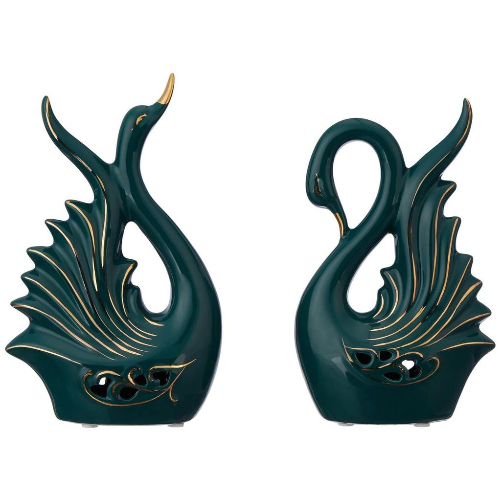 Современная элитная керамическая фигурка в виде пары лебедей | Красивый декор для дома (2 шт., темно-зеленый, средний)