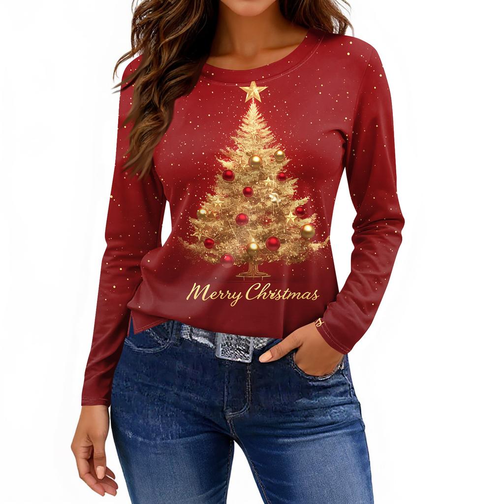 Женская модная повседневная свободная футболка с принтом и круглым вырезом с разрезом и длинным рукавом, женский топ