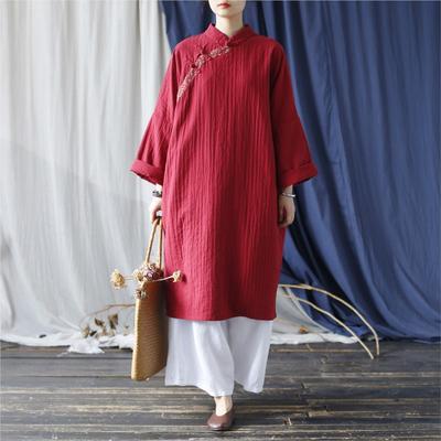 Женские платья в китайском стиле с рукавами-стойками и рукавами «летучая мышь» из винно-красного лоскутного цвета, осеннее платье