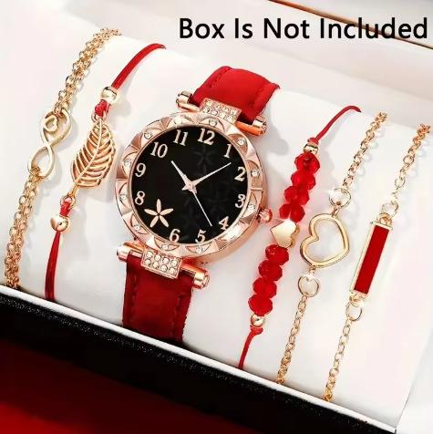 European And American New Women'S Diamond-Encrusted Dial Belt Quartz Watch Beaded Bracelet Set 6Pcsset