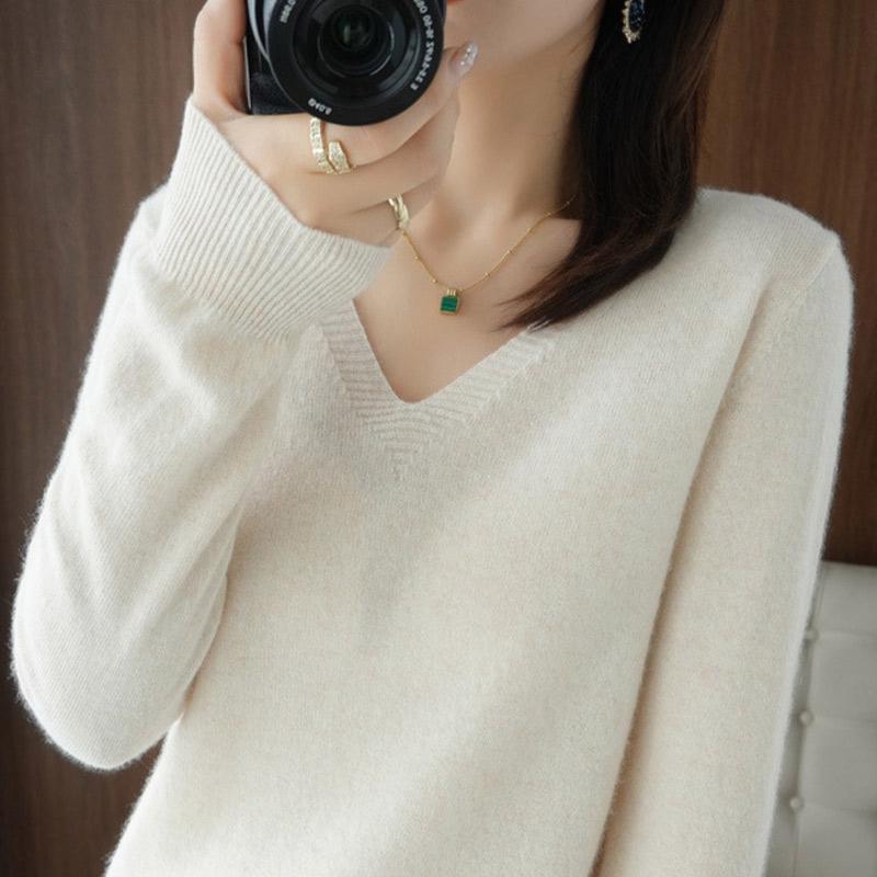 Весна и осень однотонная трикотажная рубашка с V-образным вырезом, тонкий срез, свитер, наизнанку