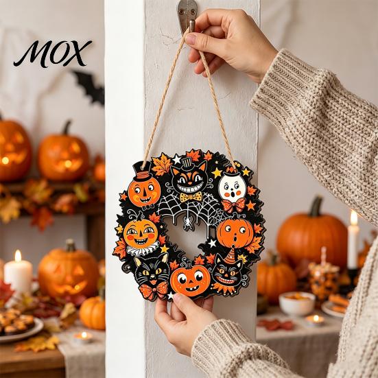 Natural Wood Craft Supplies Halloween Wooden Hollow Round Hanging Sign, Pumpkin Spider Web Haunted Theme Party House Ornament with Hemp Rope, Festive
