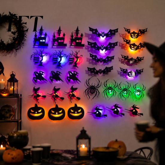 Spooky Party Wall Decals 30Pcs Halloween Decor with LED Light, Glowing Bat Ghost itch Layout Props Spider Silhouette Decoration, Light-Up Window
