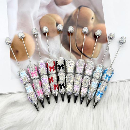 DIY Beadable Pen Glitter Ballpoint Pen, Rhinestone Bow Beaded Handmade Supplies Bling Black Ink Pens for Making, School Office Cute Desk Accessories