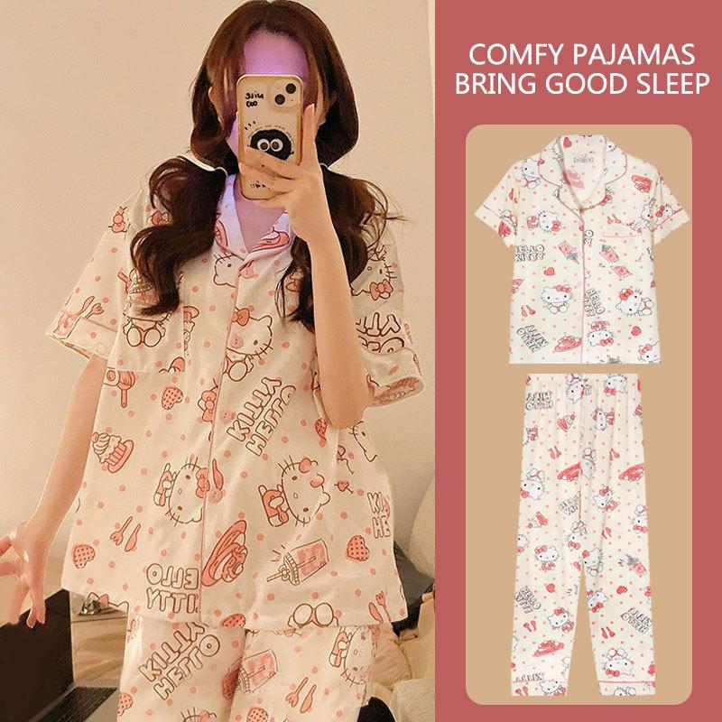Japanese Kitty cat pajamas women's summer thin short-sleeved trousers loose plus size girl raw loungewear set
