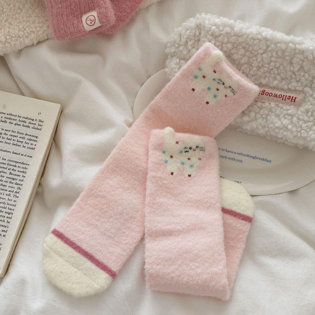 Женские теплые осенне-зимние гольфы с принтом в горошек, с мультяшной вышивкой и бантом