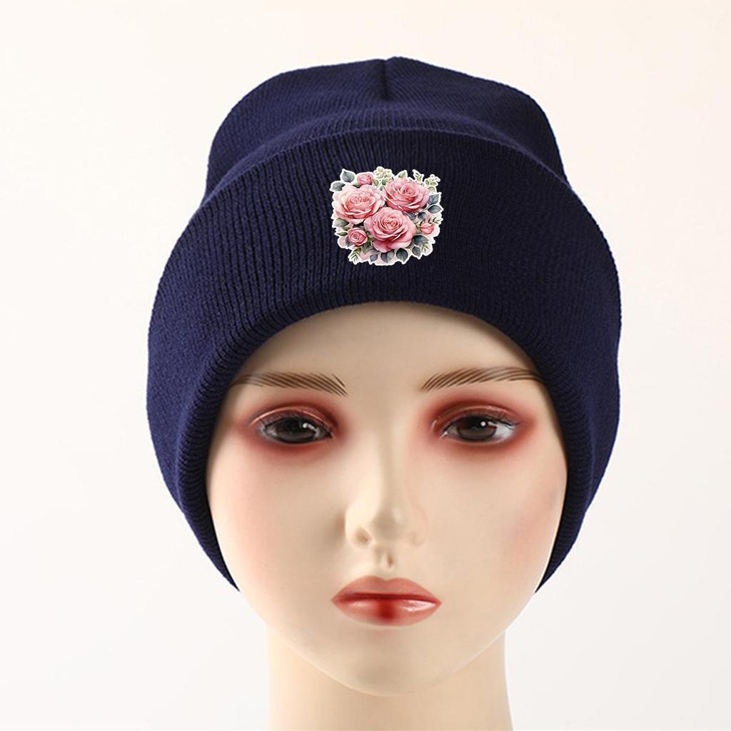 Теплая вязаная шапка с розовыми цветами, шапка-бини Skullies, универсальная ветрозащитная вязаная шапка для отдыха