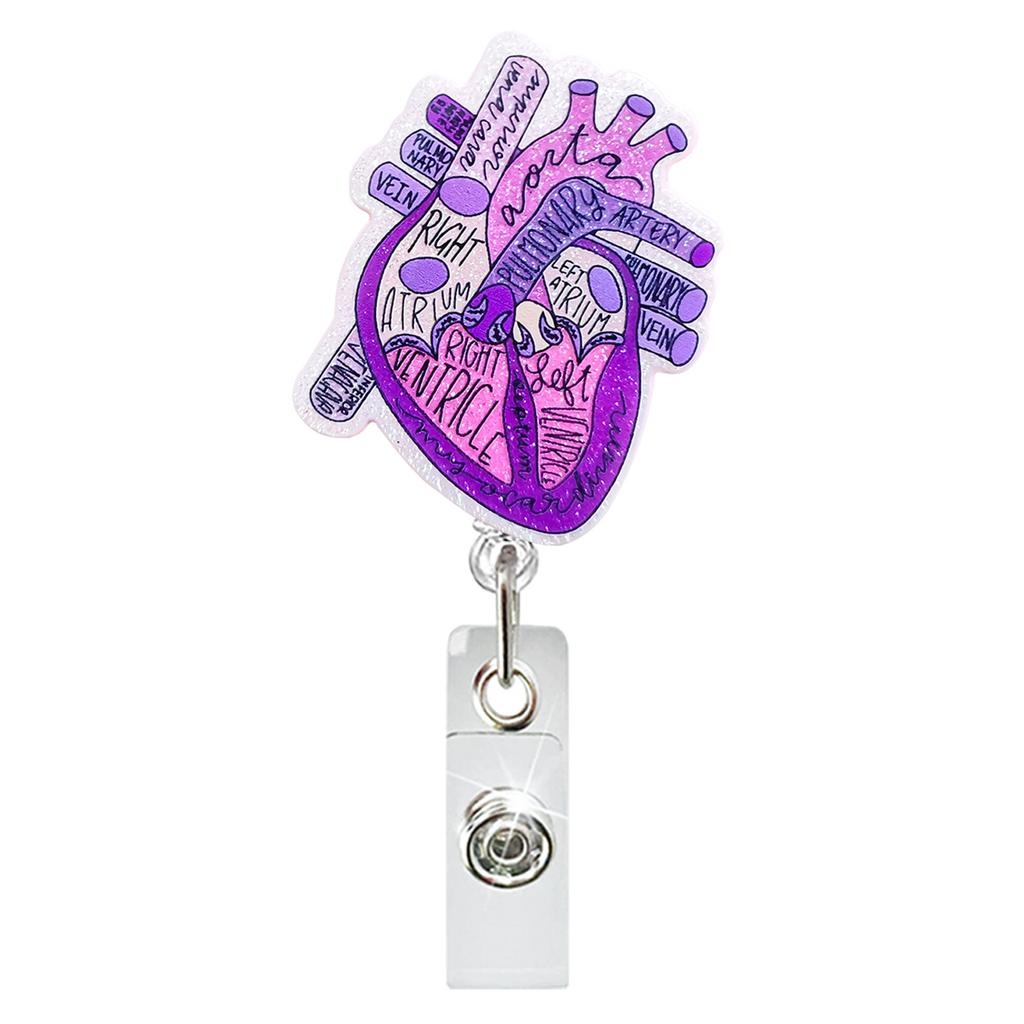 Medical Heart Lung Brain Acrylic Glitter Retractable Badge Reel Rotating Crocodile Clip ID Badge Holder for Doctor Nurse