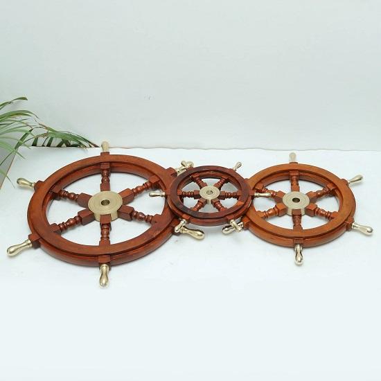 Wooden Ship Wheel with Brass Handles  Handmade Nautical Wall Décor, Coastal Beach House, Maritime Gift Set Of 3