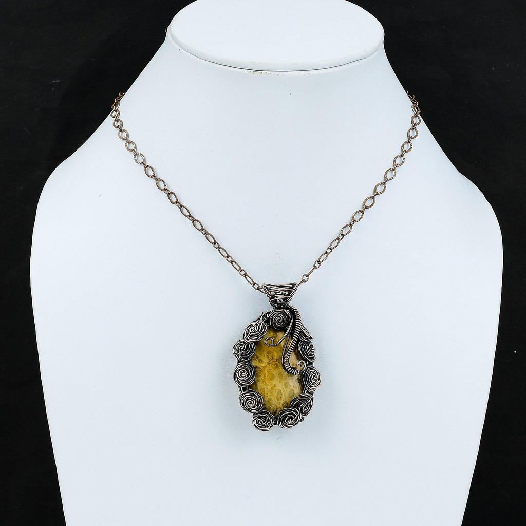 Подвеска из ископаемого коралла, обернутая медной проволокой, подвеска из драгоценного камня, медные украшения, подвеска ручной работы, обернутая проволокой, окаменевший коралл, ювелирные изделия, подарок на годовщину