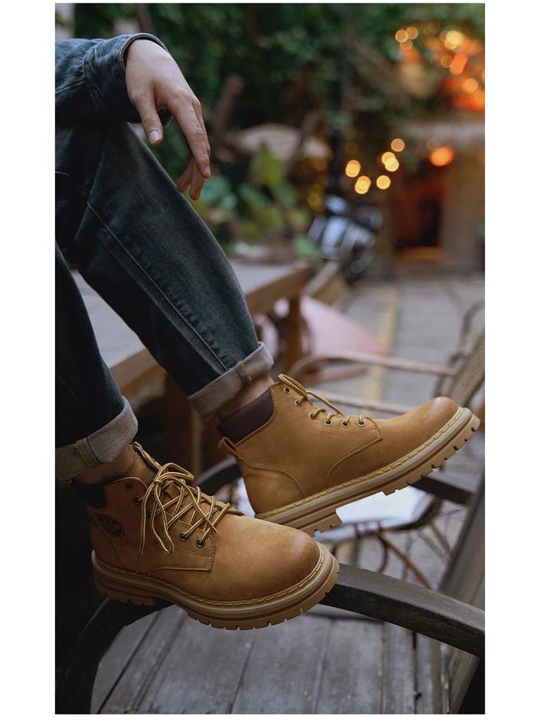 Мужские бархатные высокие ботинки Martin: Желтые зимние рабочие и снегоступы из натуральной кожи, хлопковая обувь для пар.