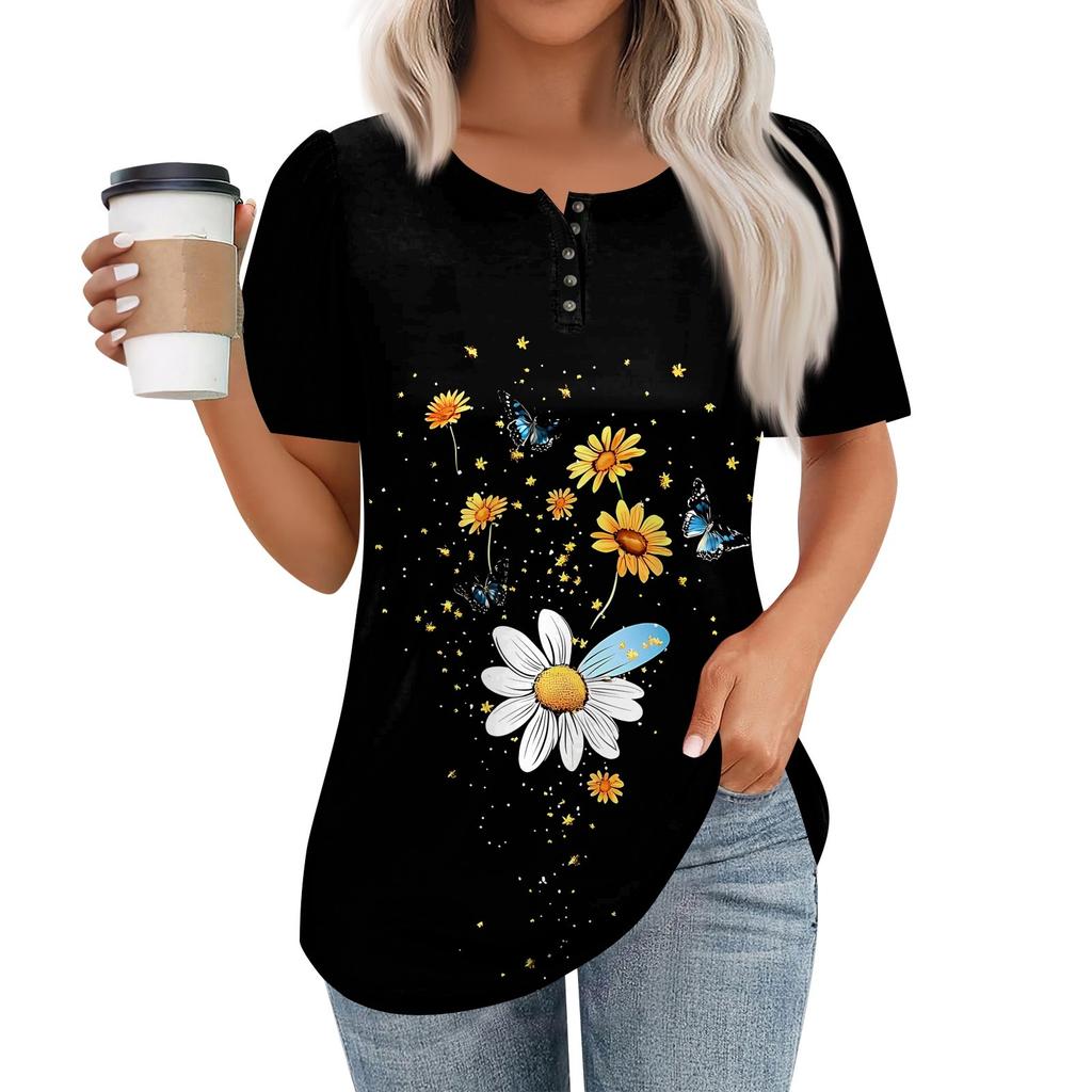 Женский модный повседневный короткий рукав пуловер с принтом на пуговицах и круглым вырезом