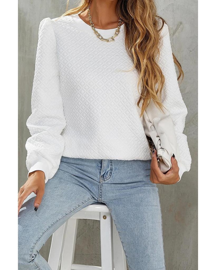 Azura Exchange White Textured Puff Long Sleeve Round Neck Top