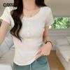 U Collar Square Shoulder T-shirt Women's Short-sleeved Summer Slim Button Half Open Collar Short Tops