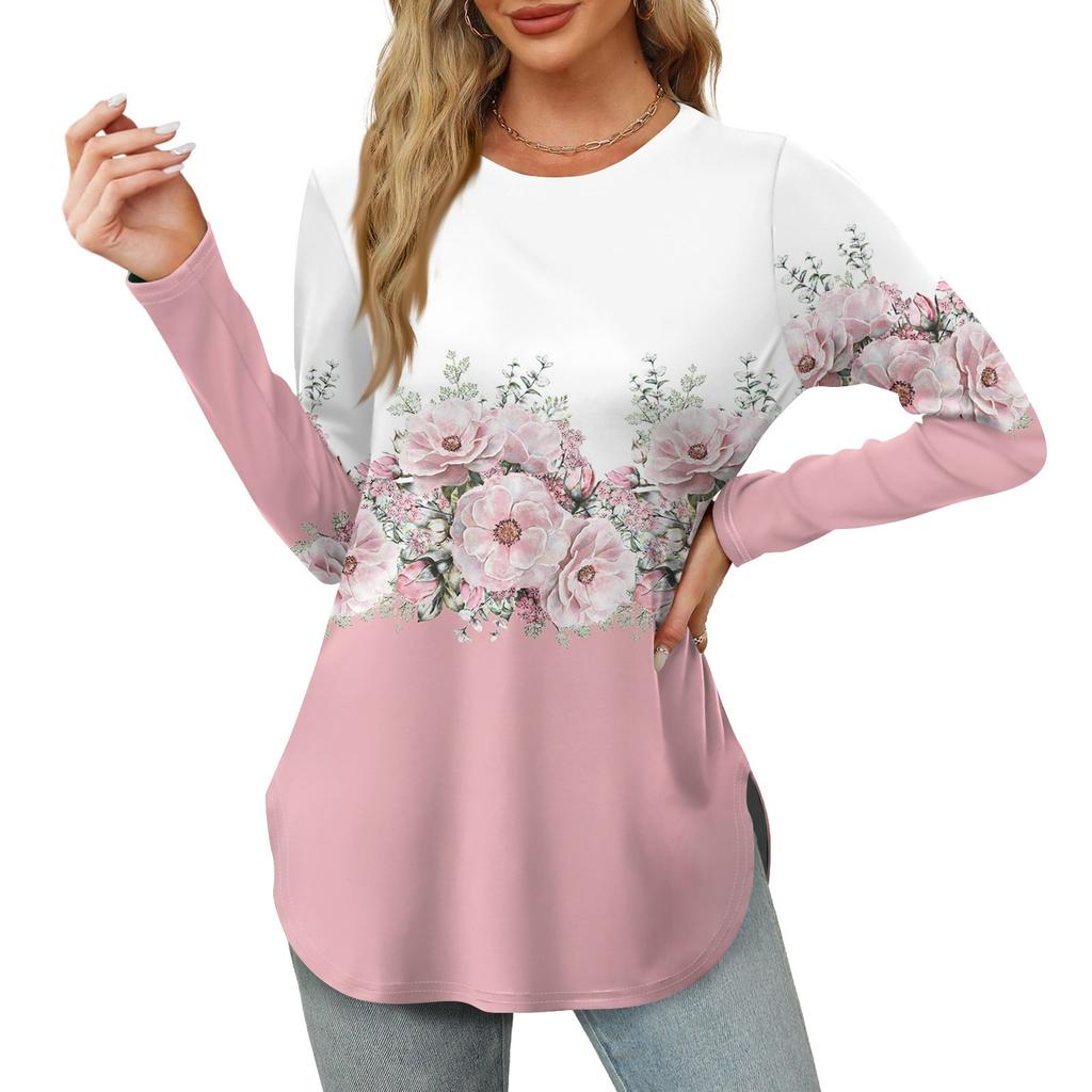 Женская рубашка с длинными рукавами, круглым вырезом и боковым разрезом, винтажный повседневный топ с цветочным принтом и листьями